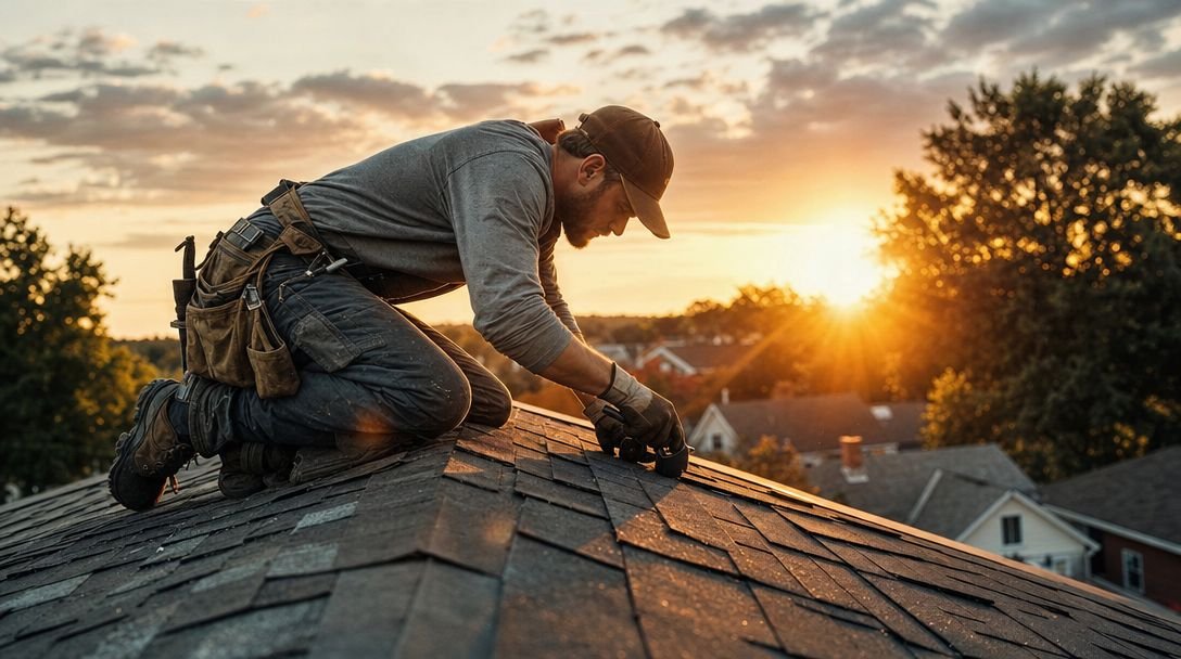 Roofer installing shingles at sunset