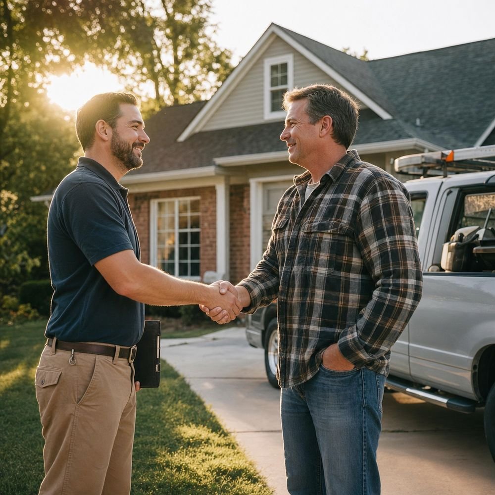 Consultant shaking hands with a contractor in a driveway