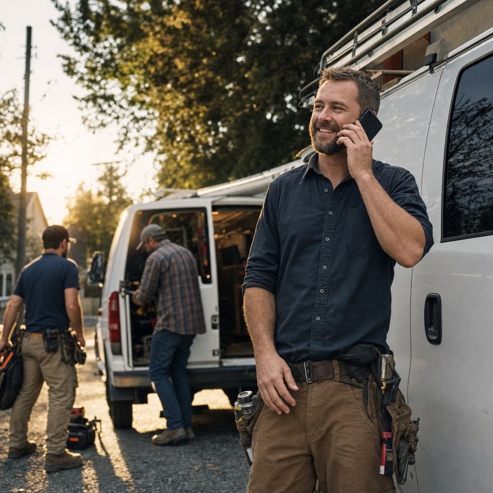 Contractor taking a call beside his work van