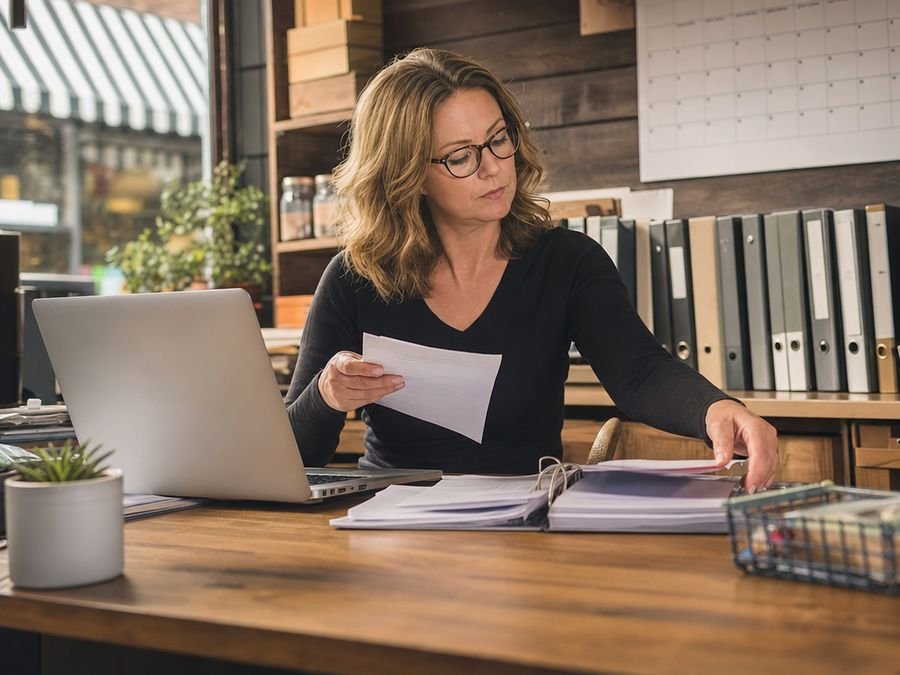 Business owner organizing invoices in a shop office