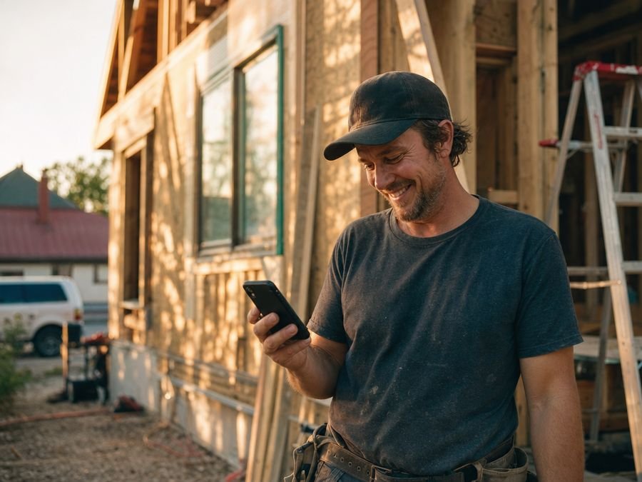 Contractor reading text messages on a job site