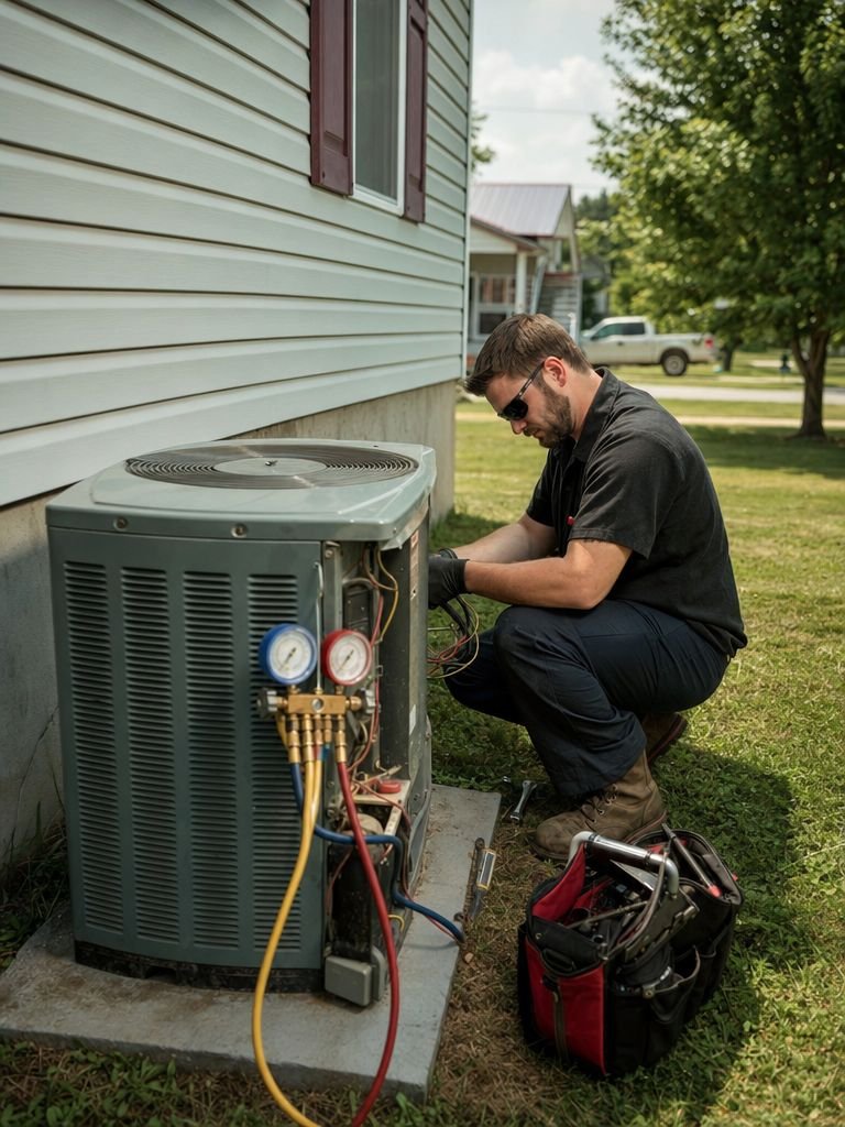 HVAC technician servicing a condenser