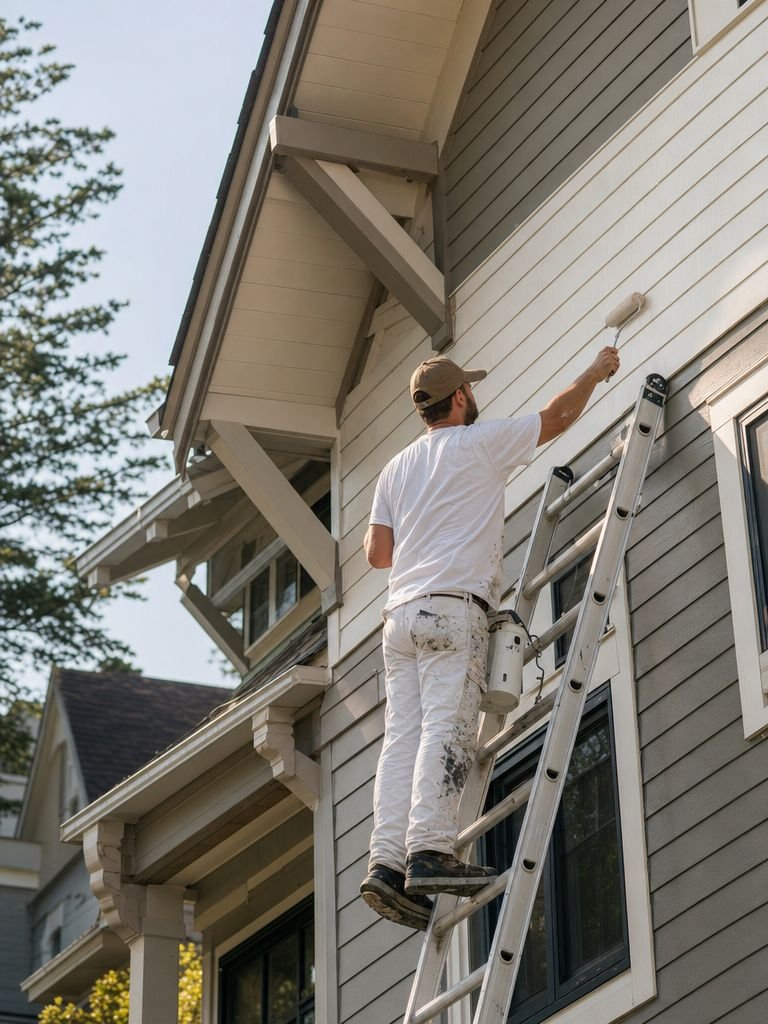 Painter rolling exterior siding