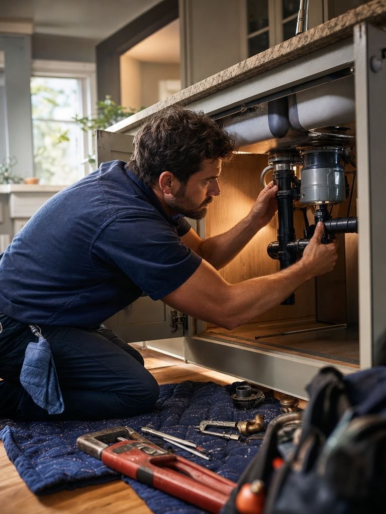 Plumber fixing pipes under a sink