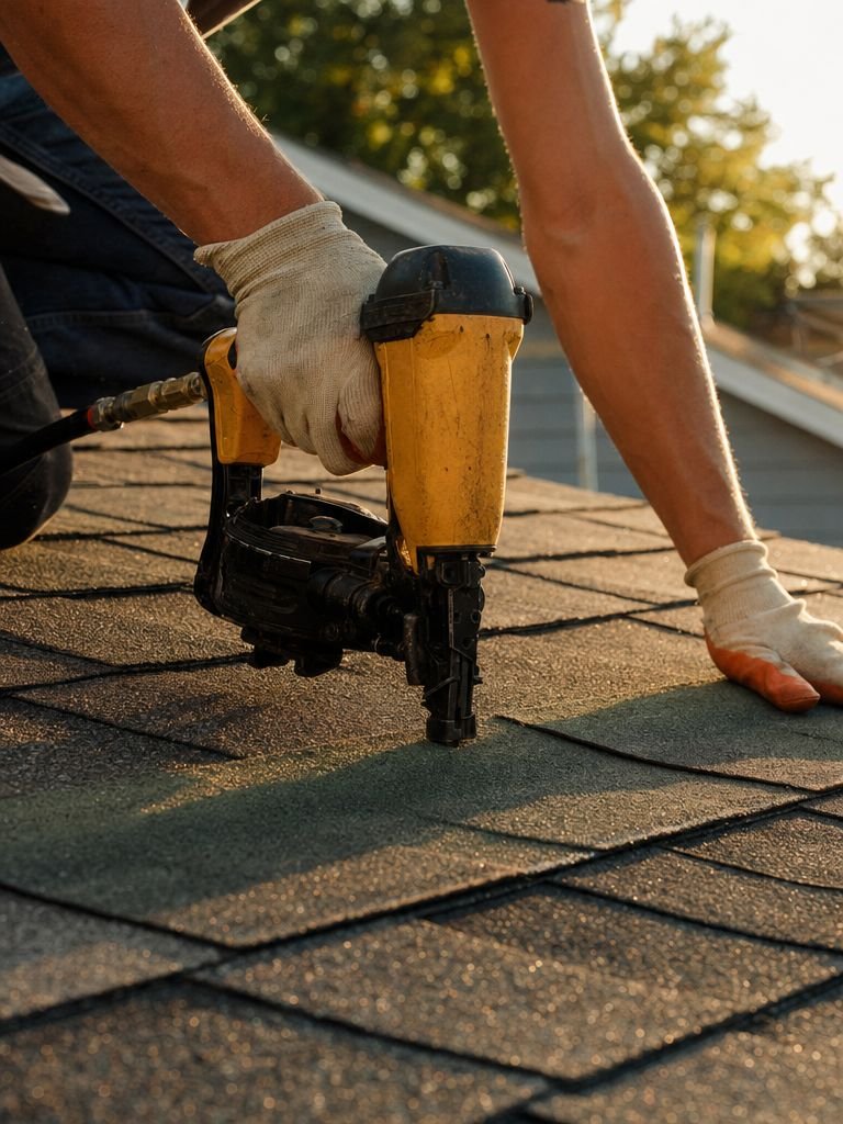 Roofer nailing shingles